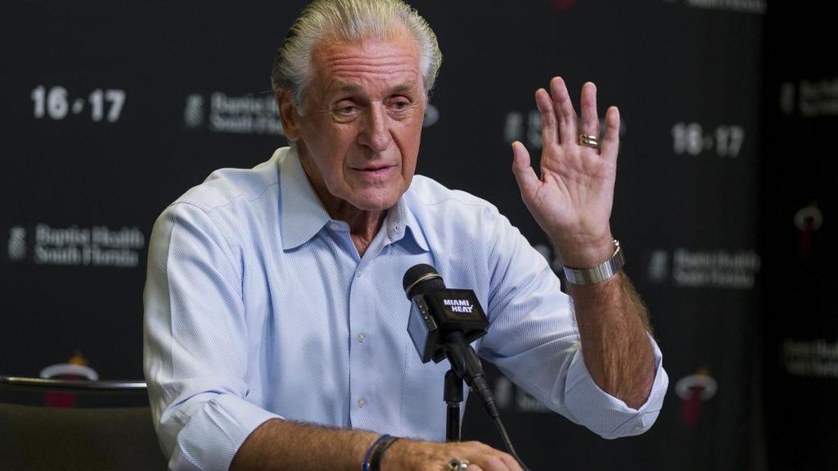 Pat Riley speaks to the media during a press conference after the Miami Heat chose Bam Adebayo as their first pick during the NBA draft on Thursday, June 22, 2017 at the AmericanAirlines Area in downtown Miami.