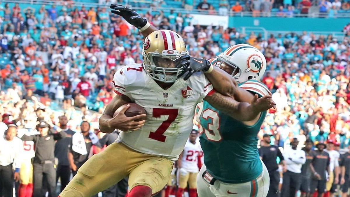 Miami Dolphins Ndamukong Suh stops San Francisco 49ers quarterback Colin Kaepernick from scoring in the final seconds of the fourth quarter at Hard Rock Stadium in Miami Gardens, Florida on Sun., Nov. 27, 2016.