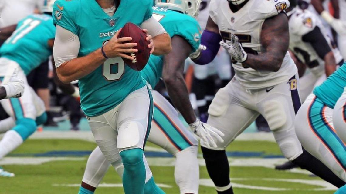 Dolphins quarterback Jay Cutler (6) as the Miami Dolphins play the Baltimore Ravens in their second preseaon game at Hard Rock Stadium in Miami Gardens, FL, August 17, 2017.
