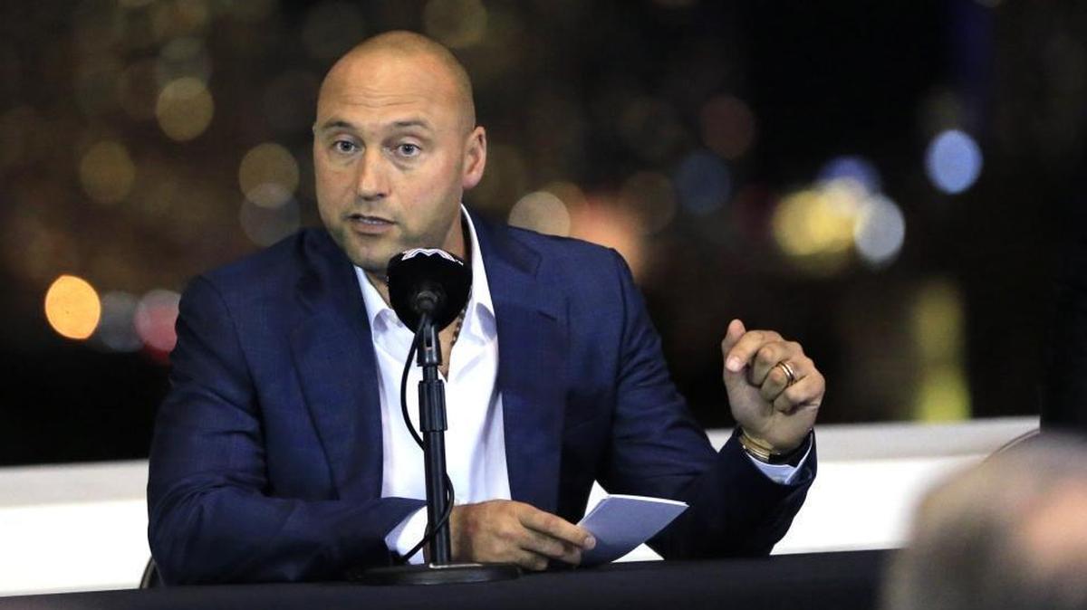 Miami Marlins co-owner Derek Jeter speaks during a town hall meeting at Marlins Park on Tuesday, Dec. 19, 2017.