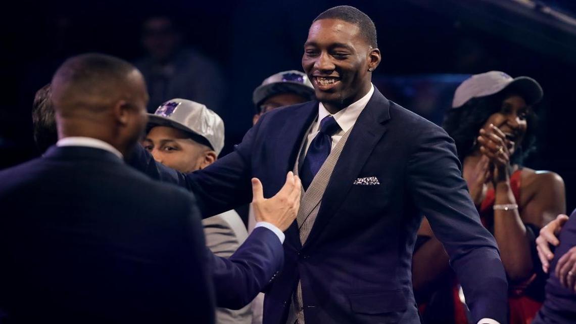 Bam Adebayo smiles after being selected by the Miami Heat as the 14th pick overall during the NBA basketball draft, Thurs., June 22, 2017, in New York.