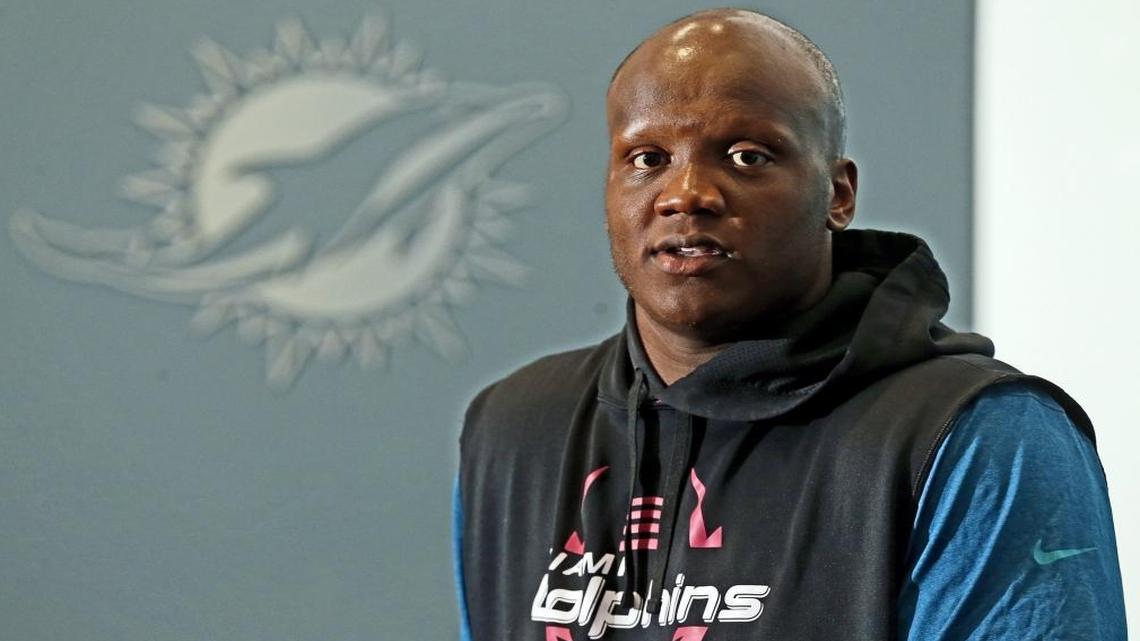 Miami Dolphins' Ja'Wuan James, speaks to the media at the Dolphins Training Facility in Davie on Wed., June 7, 2017.