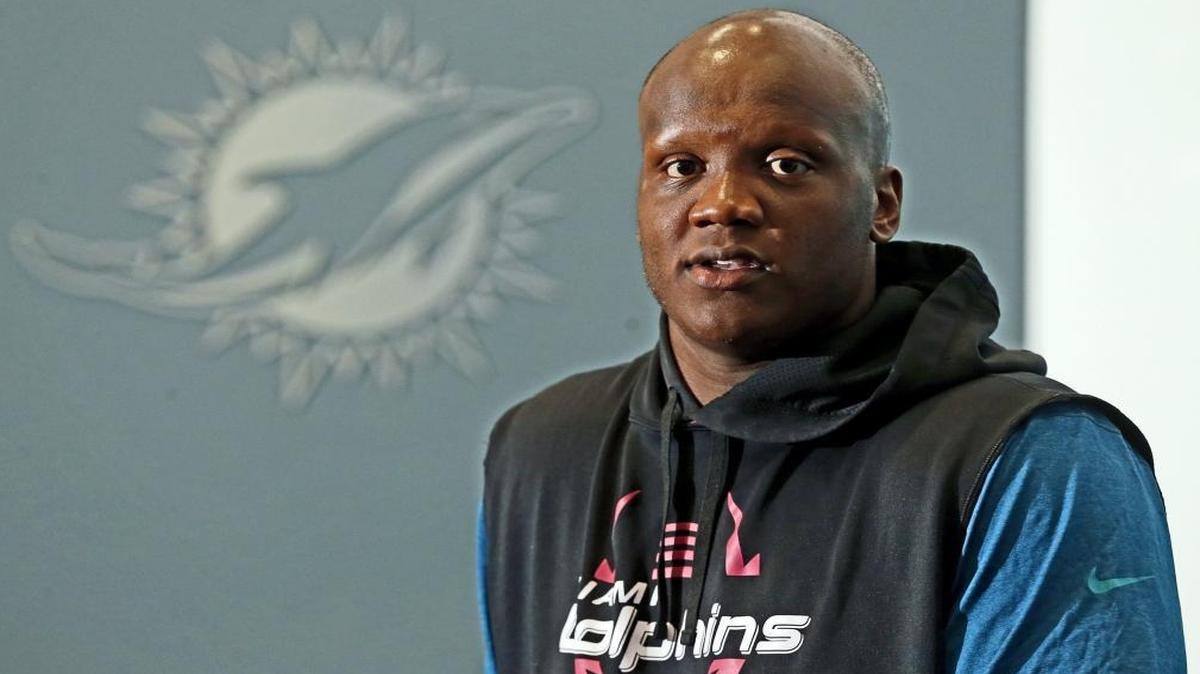 Miami Dolphins' Ja'Wuan James, speaks to the media at the Dolphins Training Facility in Davie on Wed., June 7, 2017.