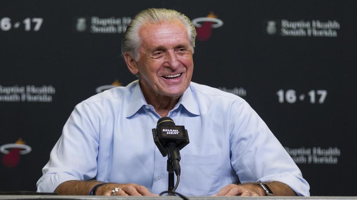 Pat Riley speaks to the media during a press conference after the Miami Heat chose Bam Adebayo as their first pick during the NBA draft on Thursday, June 22, 2017, at the AmericanAirlines Area in downtown Miami.