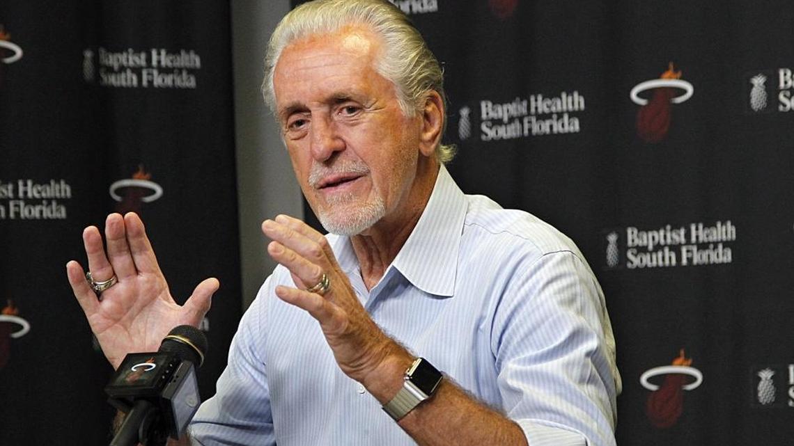 Miami Heat president Pat Riley speaks to the media last September. Riley is exploring options before Thursday’s NBA trade deadline.