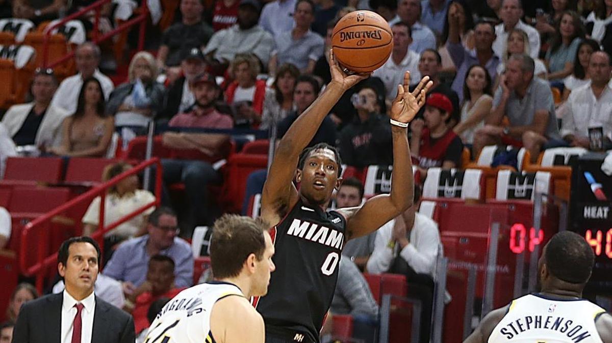Miami Heat guard Josh Richardson shoots a three pointer against the Pacers in a preseason game in October. Miami enters their game on Sunday three games behind the Pacers in the Eastern Conference standings.