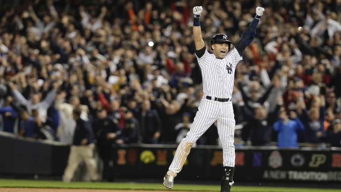 New York Yankees shortstop Derek Jeter (2) reacts after driving in the game-winning run against the Baltimore Orioles in the ninth inning of a baseball game, Thurs., Sept. 25, 2014, in New York.