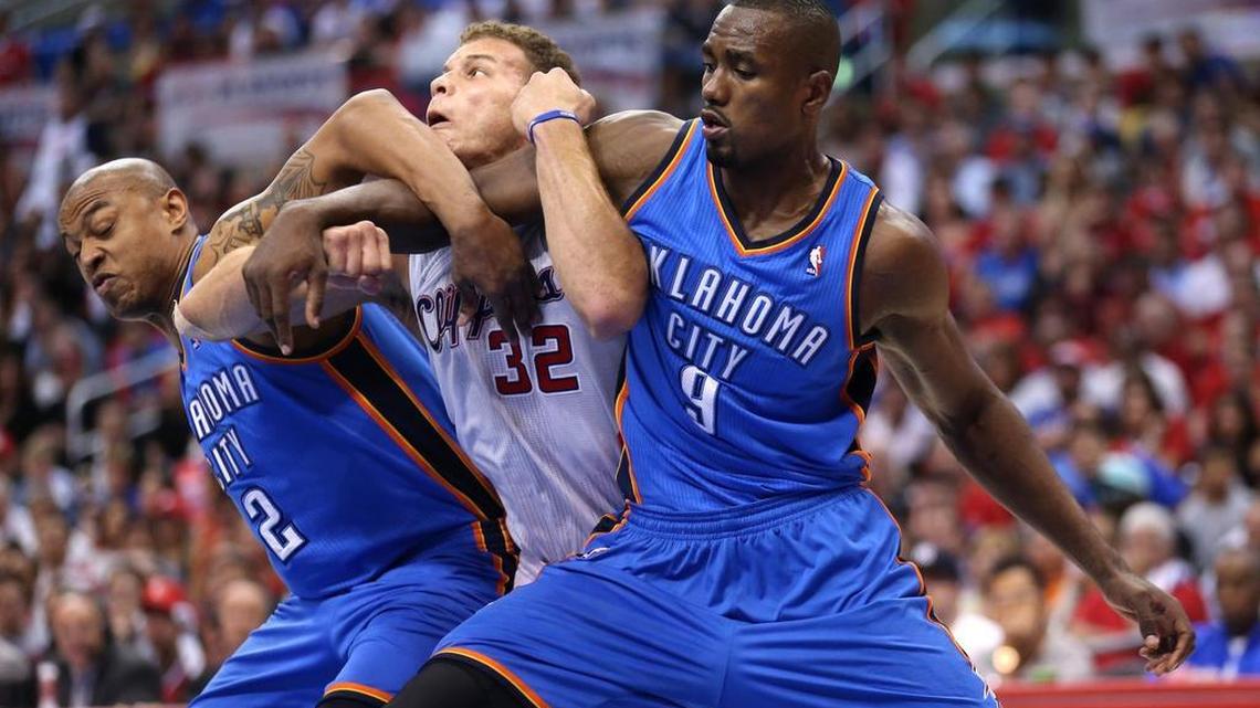 LOS ANGELES, CA - MAY 11: Blake Griffin #32 of the Los Angeles Clippers battles for postion under the boards with Serge Ibaka #9 and Caron Butler #2 of the Oklahoma City Thunder in Game Four of the Western Conference Semifinals during the 2014 NBA Playoffs at Staples Center on May 11, 2014 in Los Angeles, California. The Clippers won 101-99. NOTE TO USER: User expressly acknowledges and agrees that, by downloading and or using this photograph, User is consenting to the terms and conditions of the Getty Images License Agreement. (Photo by Stephen Dunn/Getty Images) *** BESTPIX ***