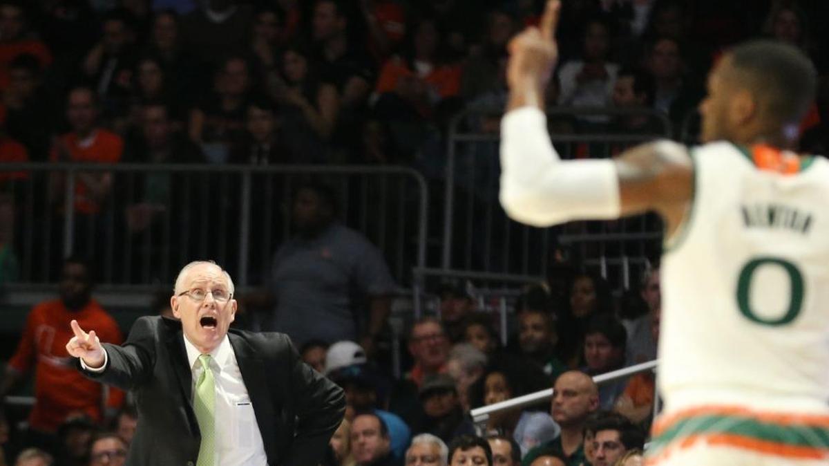 Miami Hurricanes coach Jim Larranaga shouts instructions during Monday’s game against Duke.