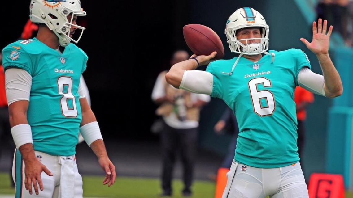 Dolphins quarterbacks Matt Moore (8) and Jay Cutler (6), during pregame as the Miami Dolphins prepare to play the Baltimore Ravens in their second preseaon game at Hard Rock Stadium in Miami Gardens, FL, August 17, 2017.