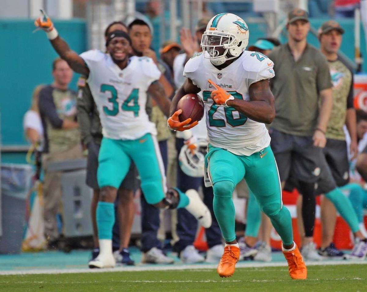 Miami Dolphins Damien Williams (26) runs for a large gain in the first quarter as Senorise Perry (34) cheers him on in a November game against Tampa Bay. Williams hopes to return next season.