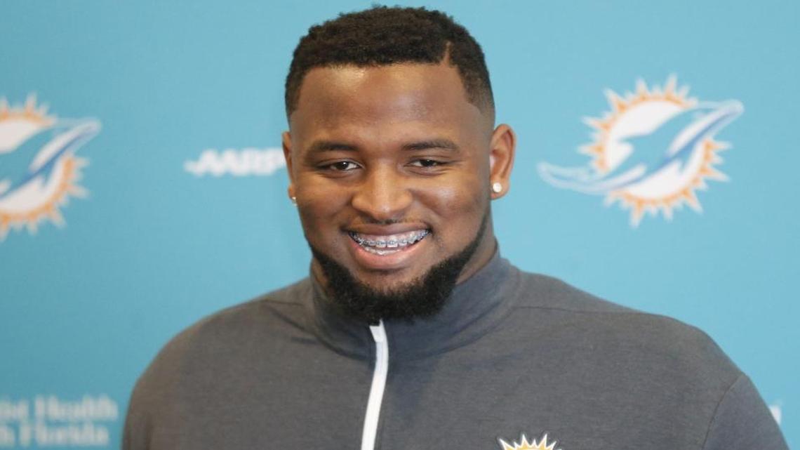 Miami Dolphins Davon Godchaux, defensive tackle, speaks to the media at Miami Dolphins minicamp at the Dolphins training facility in Davie on Fri., May 5, 2017.