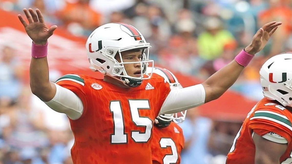 Miami Hurricanes quarterback Brad Kaaya (15) gestures on the field as the University of Miami Hurricanes host the University of North Carolina Tar Heels at Hard Rock Stadium on Sat., Oct. 15, 2016.