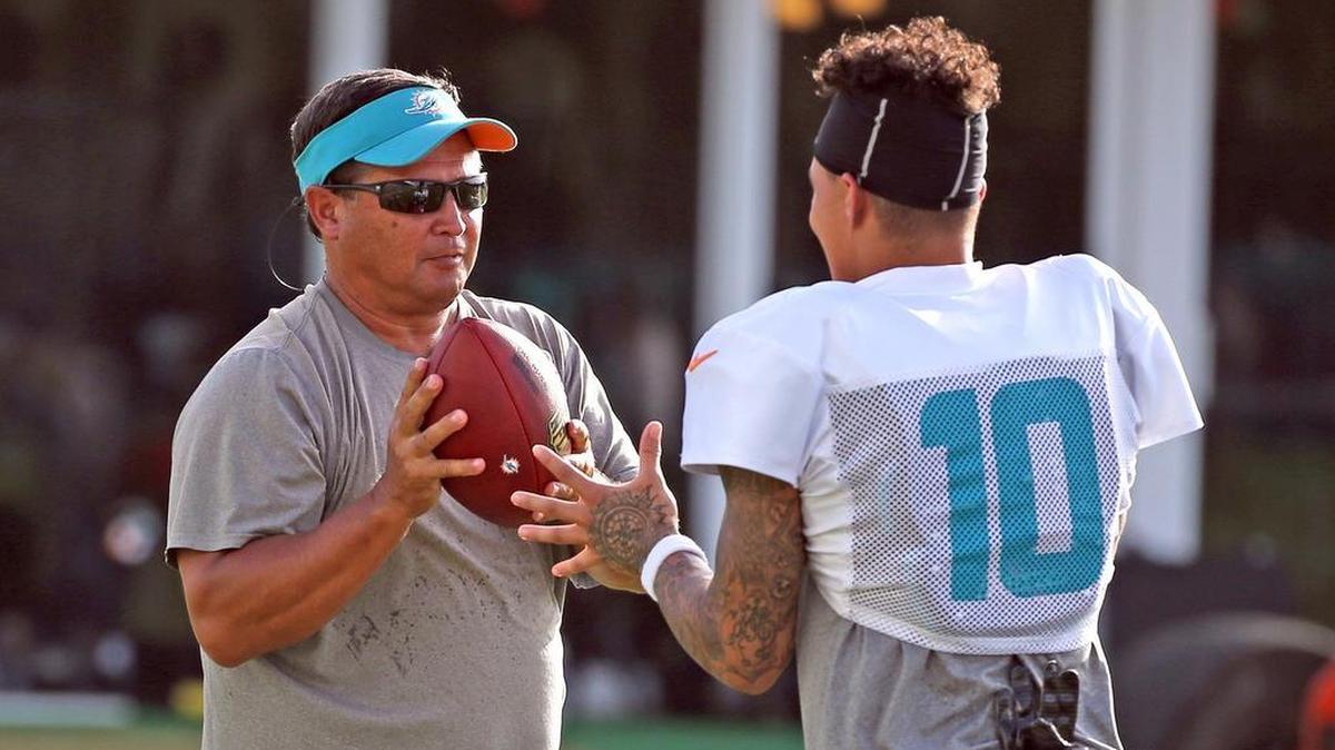 Miami Dolphins offensive coordinator Clyde Christensen with WR Kenny Stills during training camp at the Miami Dolphins training facility in Davie, Fl, August 3, 2017.