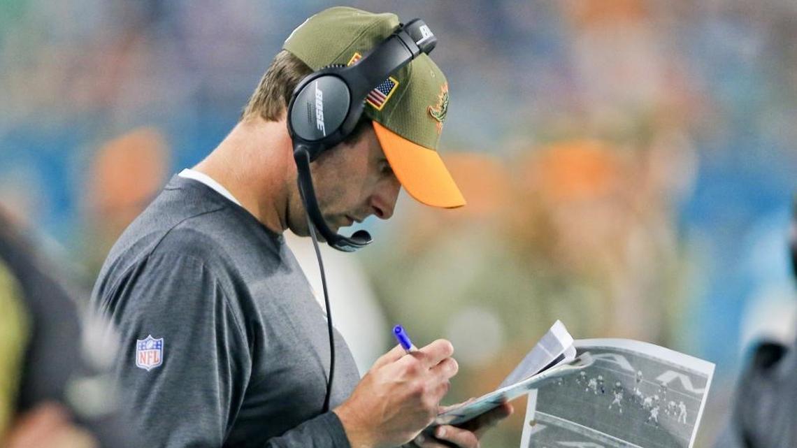 Miami Dolphins head coach Adam Gase on the sidelines as the Miami Dolphins host the Oakland Raiders at Hard Rock Stadium on Mon., Nov. 6, 2017.