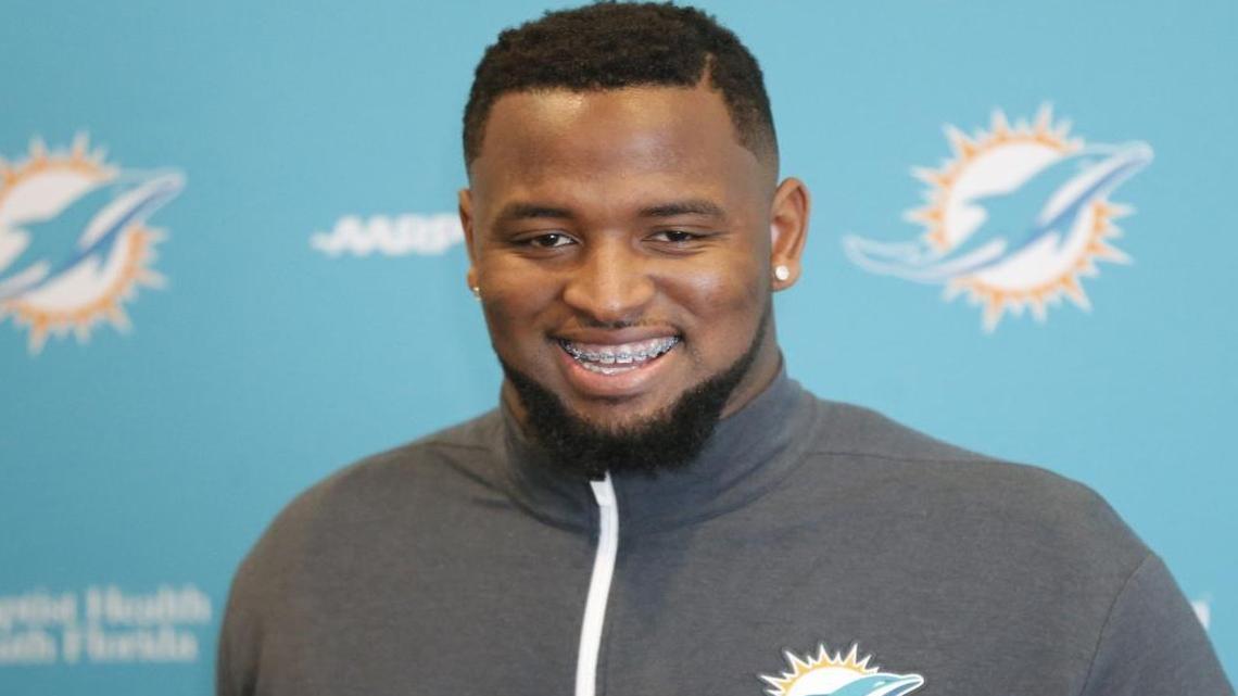 Miami Dolphins Davon Godchaux, defensive tackle, speaks to the media at Miami Dolphins minicamp at the Dolphins training facility in Davie on Fri., May 5, 2017.