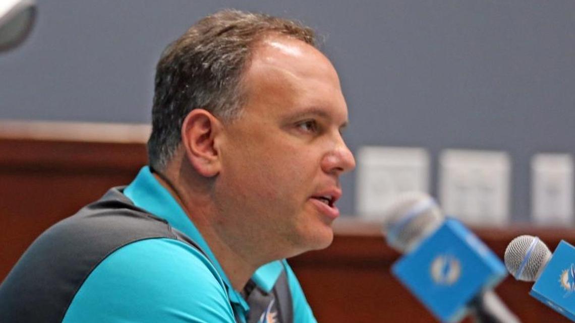 Miami Dolphins VP Mike Tannenbaum talks to the media about the upcoming season and the NFL draft at the Miami Dolphins training facility in Miami, Florida, April 19, 2017.