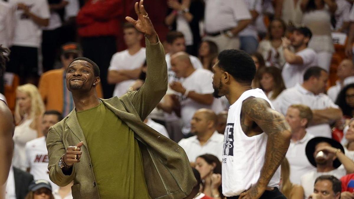 Udonis Haslem, looks on as Chris Bosh, reacts as the Miami Heat leads against the Toronto Raptors, in the fourth quarter of Game 6 of the NBA Eastern Conference semifinal series at AmericanAirlines Arena in Miami on Fri., May 13, 2016.