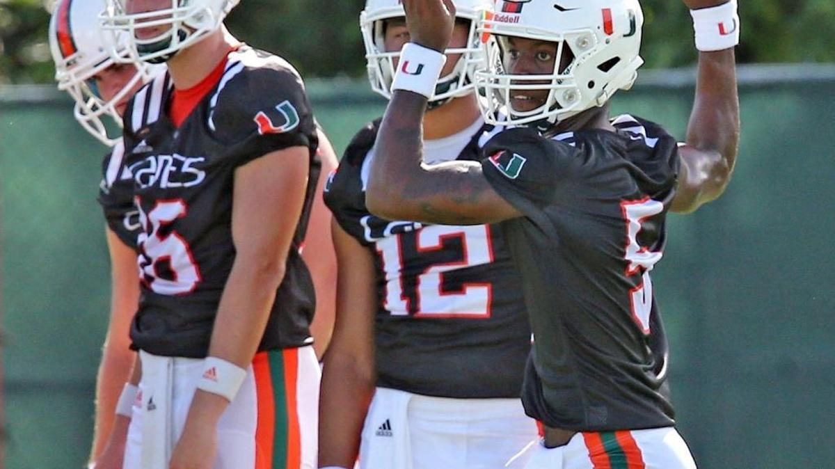 UM's quaterback N'Kosi Perry at the University of Miami's first day of football practice for the 2017 season, Miami, Florida, August 1, 2017.