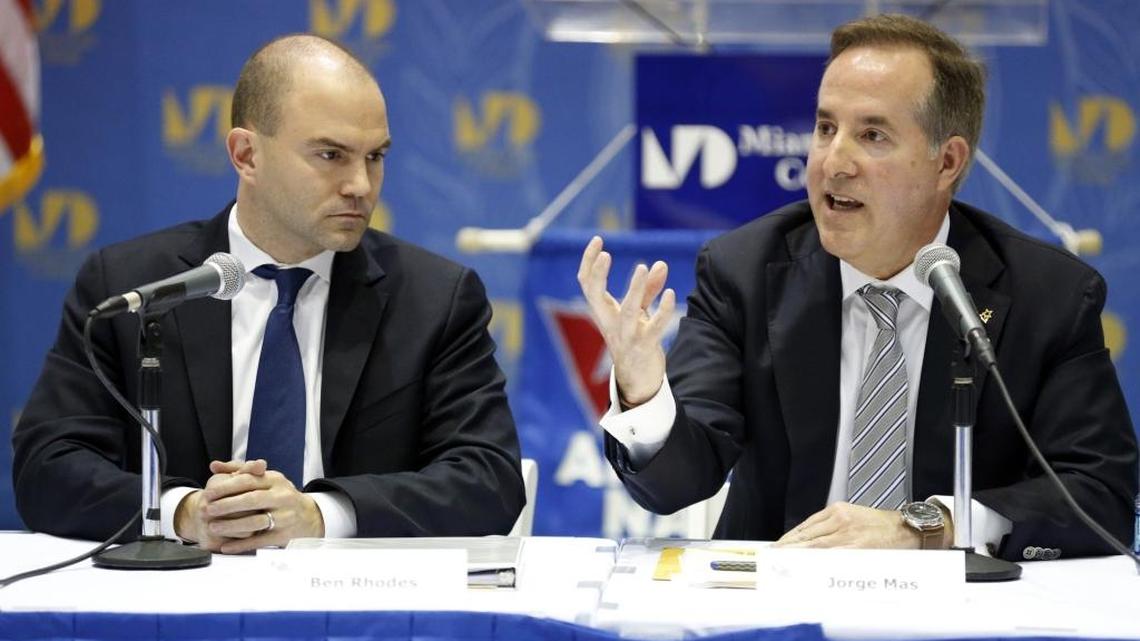 Ben Rhodes, deputy national security adviser for strategic communication for U.S. President Barack Obama, at left, with Jorge Mas, Chairman of the Board of the Cuban American National Foundation, speaking, at right, during Human Rights and Civil Society Roundtable at Miami-Dade College Wolfson Campus on Friday, March 11, 2016.