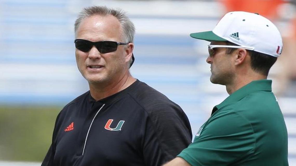 UM head coach Mark Richt during warm up drills before the Orange vs White scrimmage at Boca Raton High, on Sat., April 22, 2017.