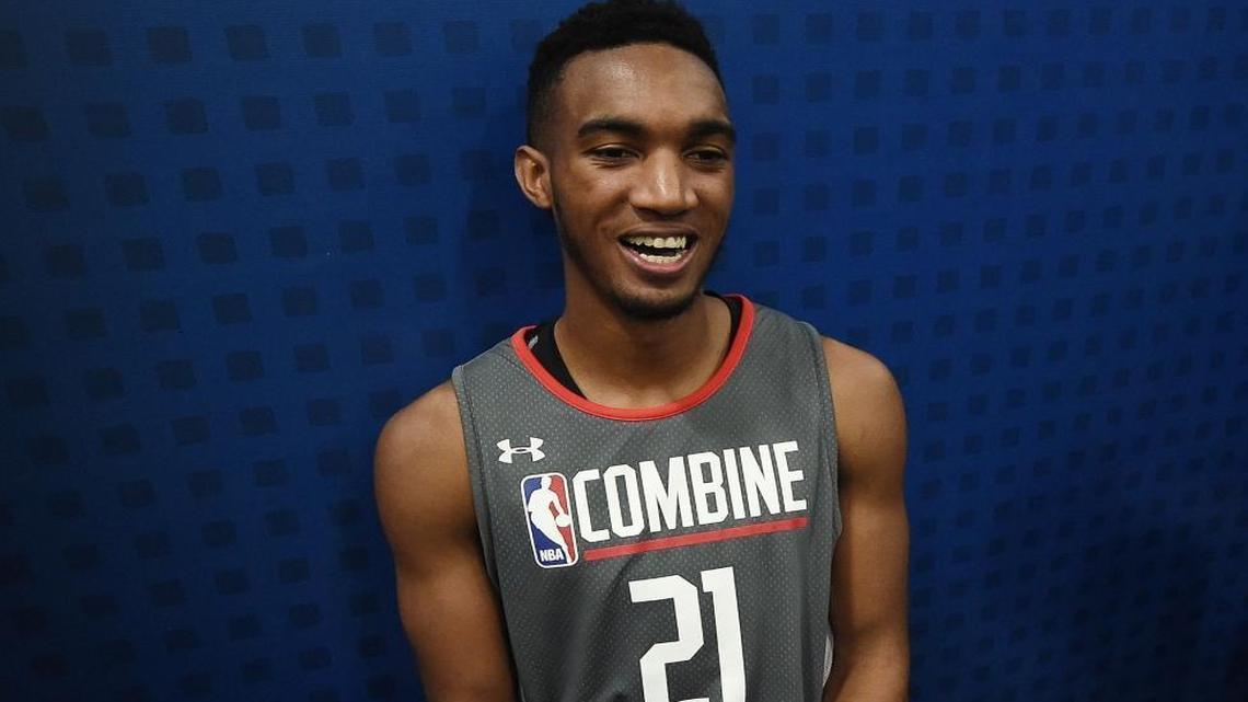 Terrance Ferguson speaks to reporters during Day Two of the NBA Draft Combine at Quest MultiSport Complex on May 12, 2017 in Chicago, Illinois.
