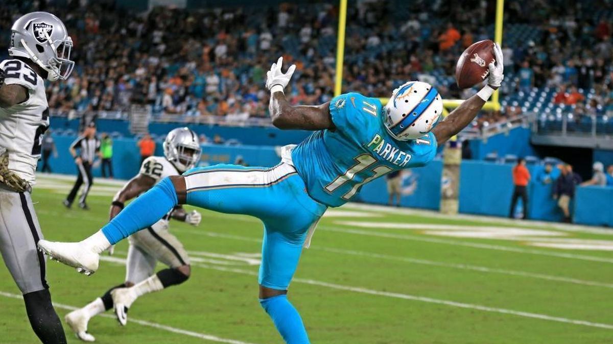 Miami Dolphins wide receiver DeVante Parker (11) hauls in a one handed catch for a first down in the fourth quarter as the Miami Dolphins host the Oakland Raiders at Hard Rock Stadium on Sun., Nov. 5, 2017.
