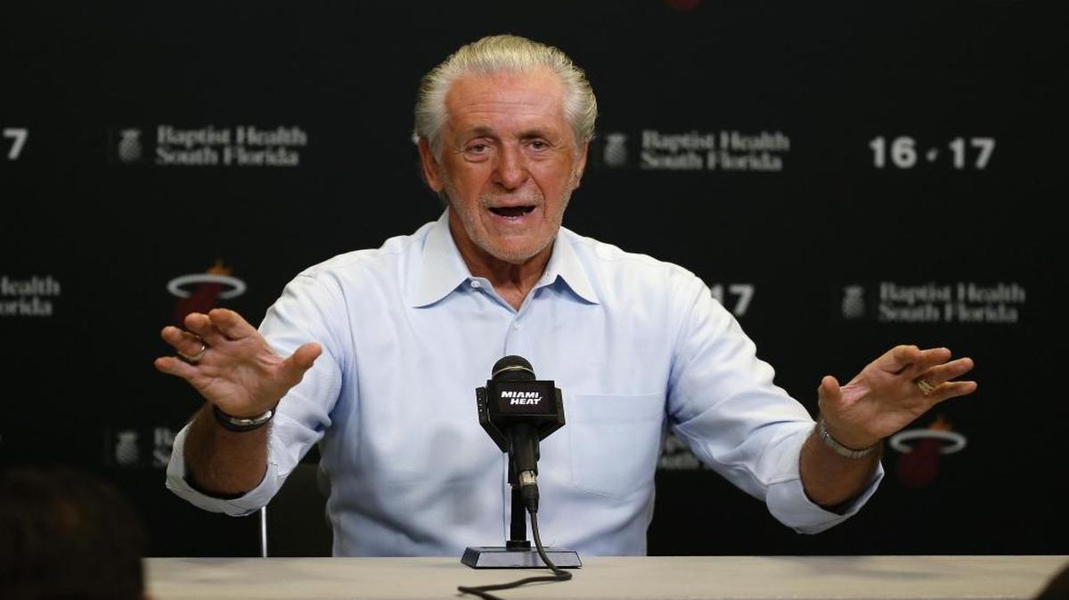 Miami Heat President Pat Riley talks to the media during the season ending press conference at the AmericanAirlines Arena on Wed., April 19, 2017 in in Miami.
