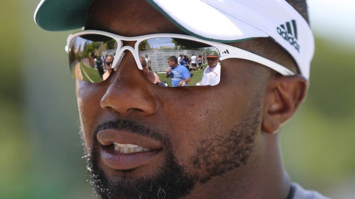 Mike Rumph begins his first season as the Hurricanes' cornerbacks coach. Here, Rumph speaks to the media after football practice at the University of Miami in Coral Gables on Fri., Aug. 5, 2016.