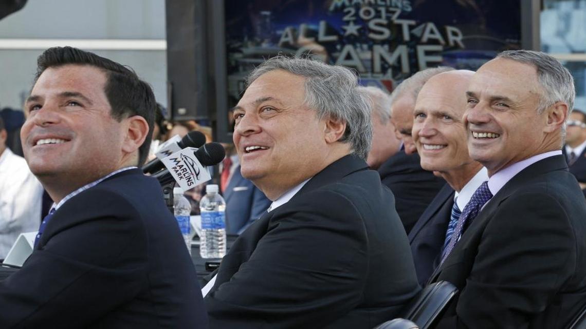 Marlins President David Samson, Owner Jeffrey Loria, Florida Governor Rick Scott and Major Leaque Baseball Commissioner Rob Manfred on Friday, February 13, 2015 The Marlins officially announce that they will host the 2017 MLB All-Star Game at Marlins Park.
