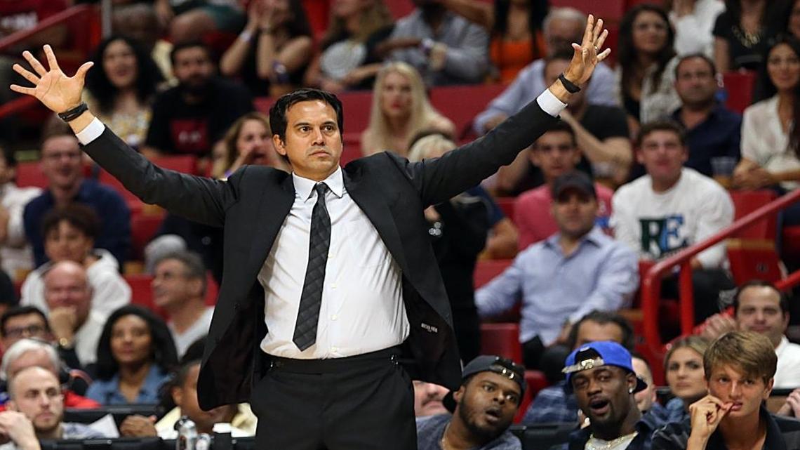 Miami Heat head coach Erik Spoelstra reacts as the Knicks lead in the fourth quarter of the Miami Heat and New York Knicks game at AmericanAirlines Arena in Miami on Fri., March 31, 2017.