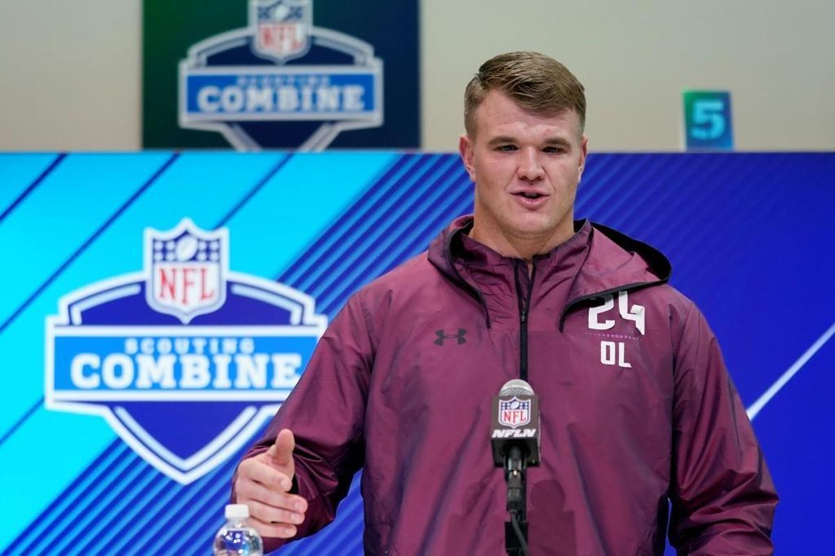 Notre Dame offensive lineman Mike McGlinchey speaks to the media during the NFL Combine in March. He’s projected to go in the range of Miami’s 11th overall pick in April’s draft.