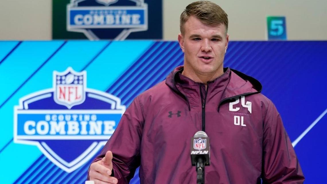 Notre Dame offensive lineman Mike McGlinchey speaks to the media during the NFL Combine in March. He’s projected to go in the range of Miami’s 11th overall pick in April’s draft.