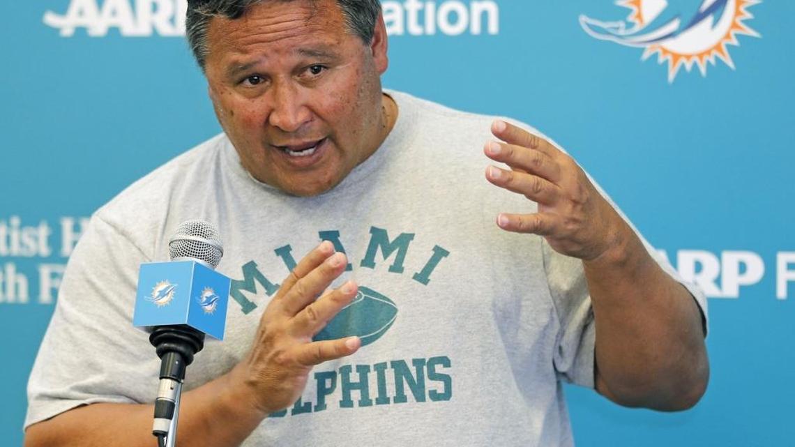 Offensive coordinator Clyde Christensen speaks to the media during Miami Dolphins minicamp at the Dolphins training facility in Davie on Saturday, May 6, 2017.