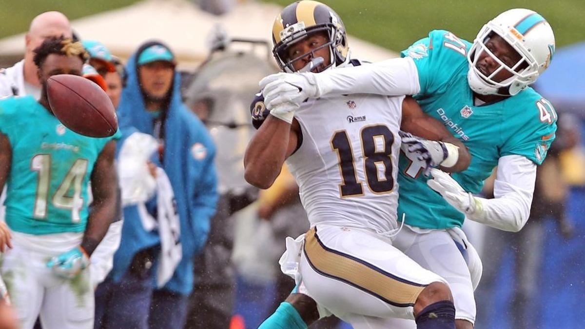 Miami Dolphins Bryon Maxwell blacks a pass intended for Los Angeles Rams Kenny Britt in the second quarter at the Los Angeles Memorial Coliseum in Los Angeles, California, November 20, 2016.