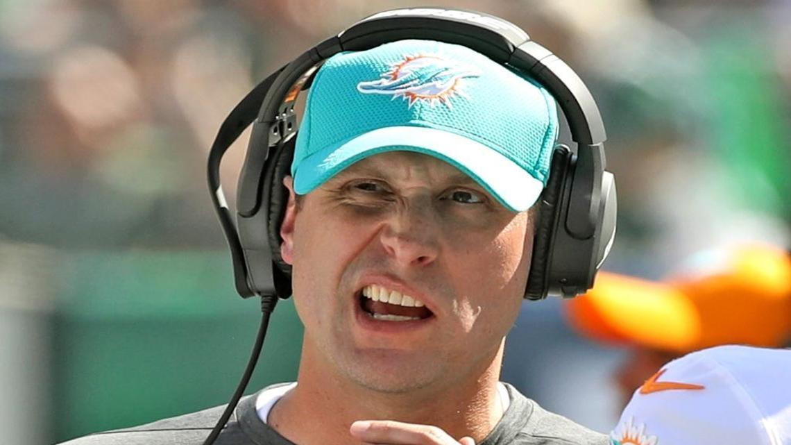 Miami Dolphins head coach Adam Gase on the sidelines in the second quarter as the New York Jets host the Miami Dolphins at Met Life Stadium on Sunday, September 24, 2017.