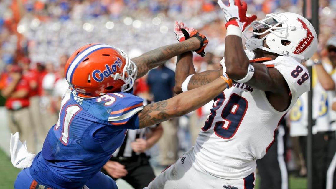 From the archives: Florida defensive back Jalen Tabor (31) breaks up a pass intended for Florida Atlantic wide receiver Darius James (89) during the second half of an NCAA college football game, in Gainesville, Fla in Nov. 21, 2015.