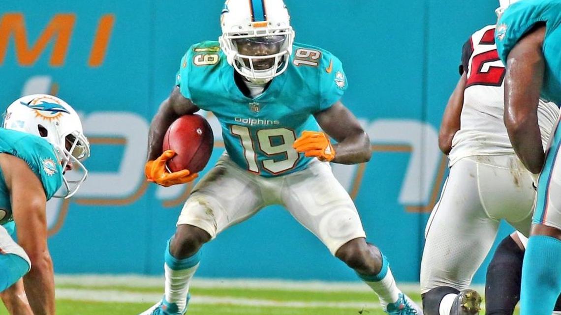 Dolphins Jakeem Grant (19) retuns a punt ball in the second quarter as the Miami Dolphins play the Atlanta Falcons in the first preseason game at the Hard Rock Stadium in Miami Gardens, Florida, August 10, 2017.