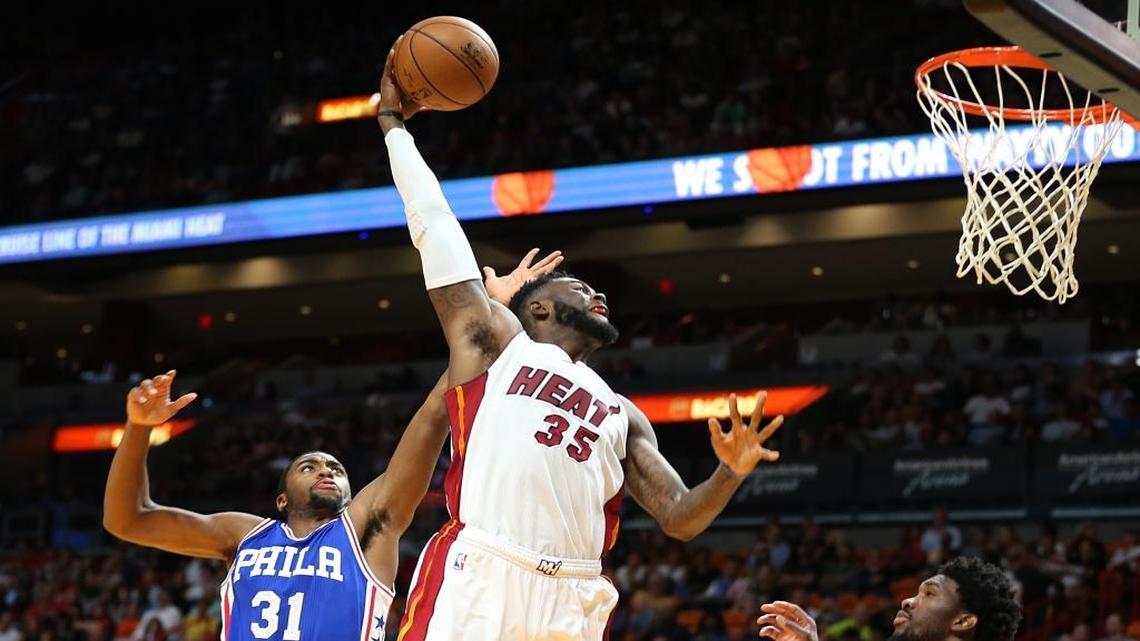 Miami Heat center Willie Reed puts up a shot against the Philadelphia 76ers in a preseason game at AmericanAirlines Arena in Miami on Friday, October 21, 2016.