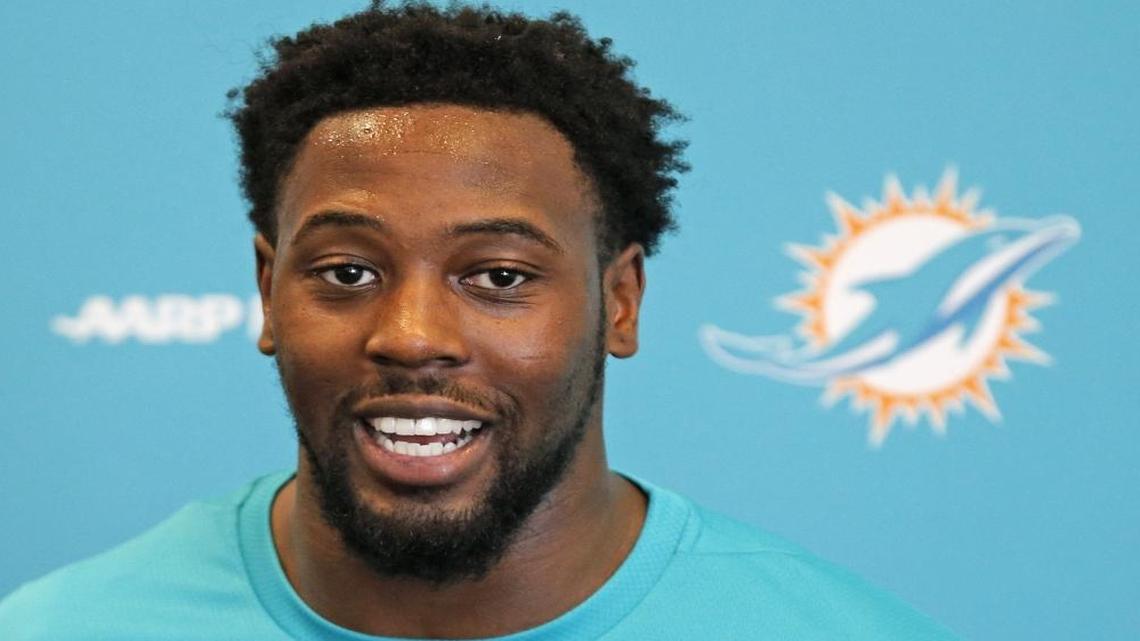 The Dolphins' Charles Harris speaks to the media at Miami Dolphins minicamp at the Dolphins training facility in Davie on Fri., May 5, 2017.