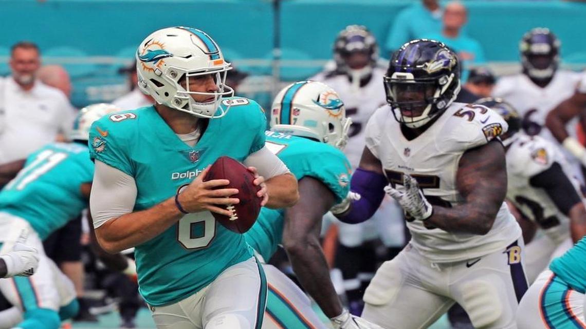 Dolphins quarterback Jay Cutler (6) drops back to pass as the Miami Dolphins play the Baltimore Ravens in their second preseason game at Hard Rock Stadium in Miami Gardens Aug. 17, 2017.