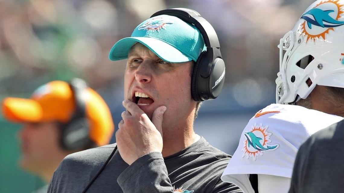 Miami Dolphins head coach Adam Gase on the sidelines in the second quarter as the New York Jets host the Miami Dolphins at Met Life Stadium on Sunday, Sept. 24, 2017.