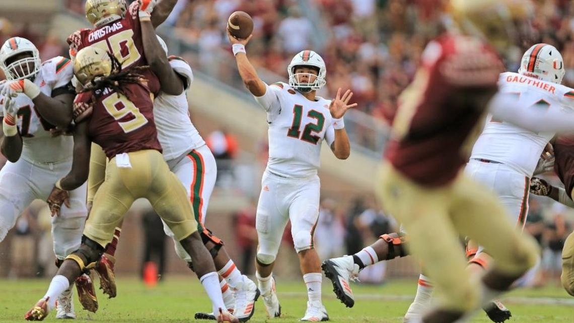 Miami Hurricanes quarterback Malik Rosier (12) looks to pass as the Seminoles host the Miami Hurricanes at Doak Campbell Stadium in Tallahassee on Saturday, October 7, 2017.
