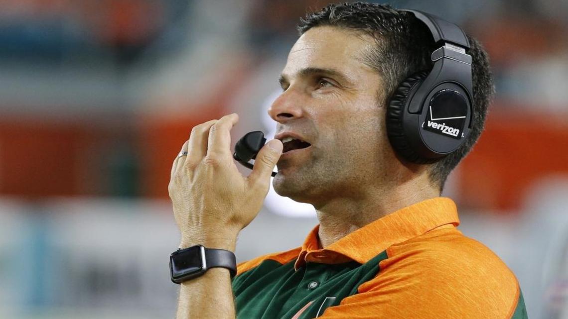 Miami Hurricanes coach Manny Diaz coaches from the sidelines as the University of Miami hosts Florida A&M at Hard Rock Stadium on Sat., Sept. 3, 2016.