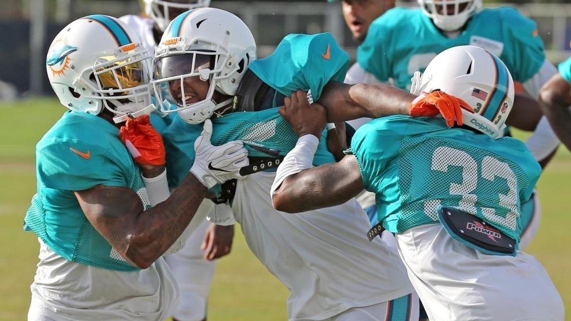 Miami Dolphins CB Jordan Lucas (21) and DB Larry Hope (33), hold CB Maurice Smith (2) in a drill during training camp at the Miami Dolphins training facility in Davie, Fl, August 3, 2017.