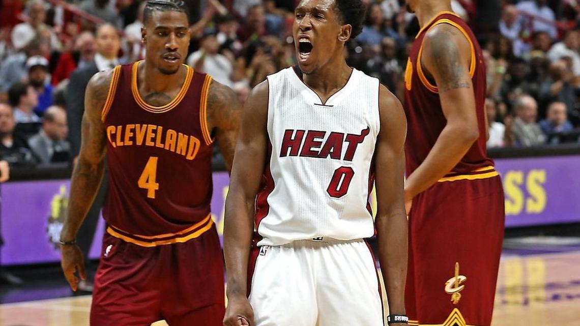 Heat's #0 Josh Richardson celebrates a made shot as the Miami Heat hosts the Cleveland Cavaliers on Monday, April 10, 2017.