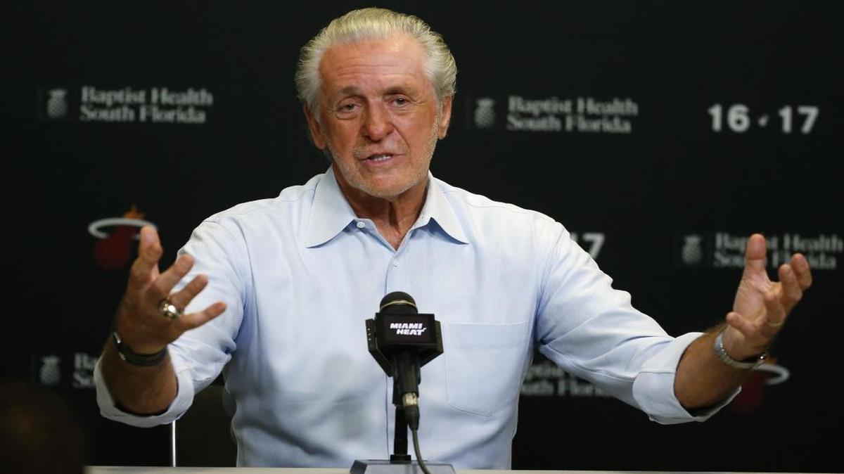 Miami Heat President Pat Riley talks to the media during the season ending press conference at the AmericanAirlines Arena on Wed., April 19, 2017 in in Miami.