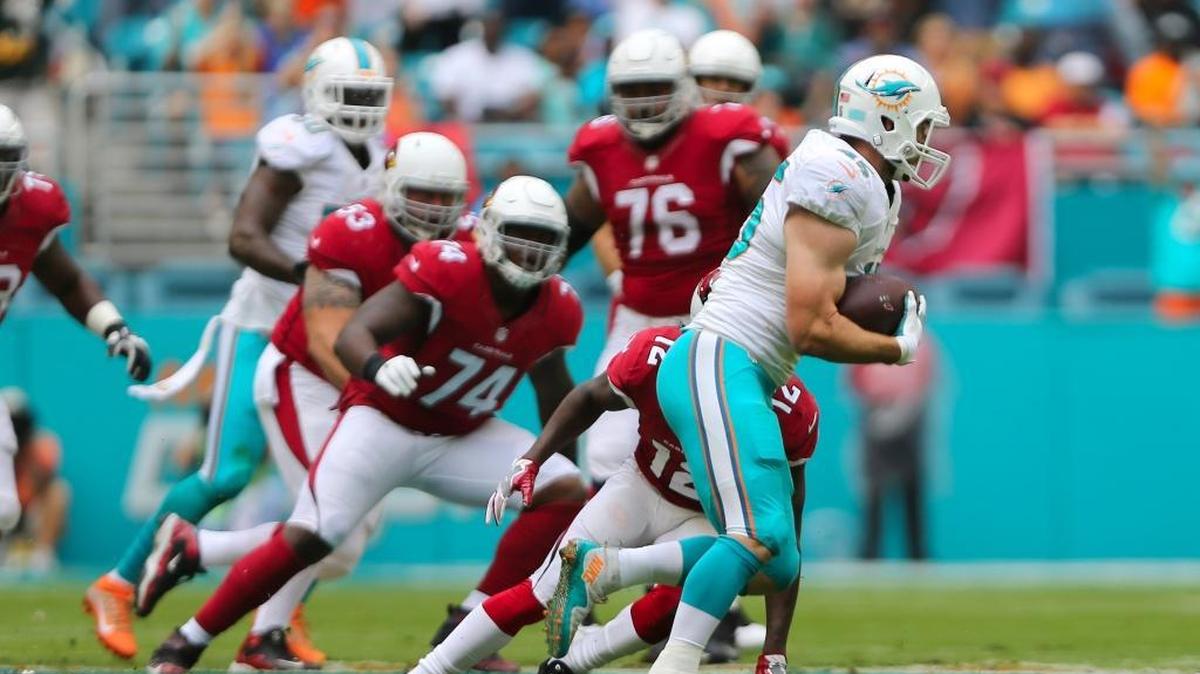 Miami Dolphins linebacker Mike Hull (45) runs after intercepting the ball in the first quarter of an NFL football game against Arizona Cardinals at Hard Rock Stadium on Sunday December 11, 2016, in Miami Gardens.