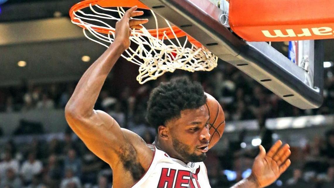 Miami Heat forward Justise Winslow dunks against Chicago in a game last week. Winslow has played very well since the All-Star break.