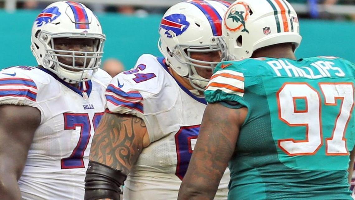 Miami Dolphins Jordan Phillips confronts Buffalo Bills Richie Incognito after a scuffle in the endzone in the fourth quarter at Hard Rock Stadium in Miami Gardens, Florida, Oct. 23, 2016.